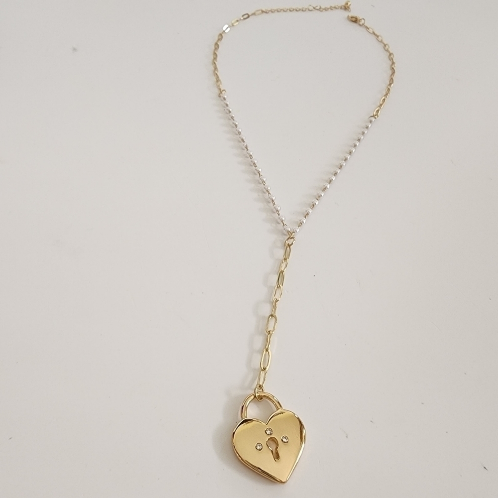 NEW Heart Lock Pearl Necklace Rhinestone Embellished Delicate